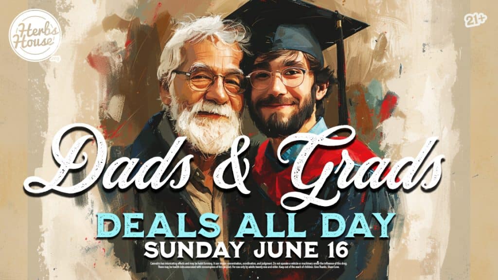 Dads & Grads event at Herbs House 6/16 Painterly illustration of Father and Graduate Son embracing
