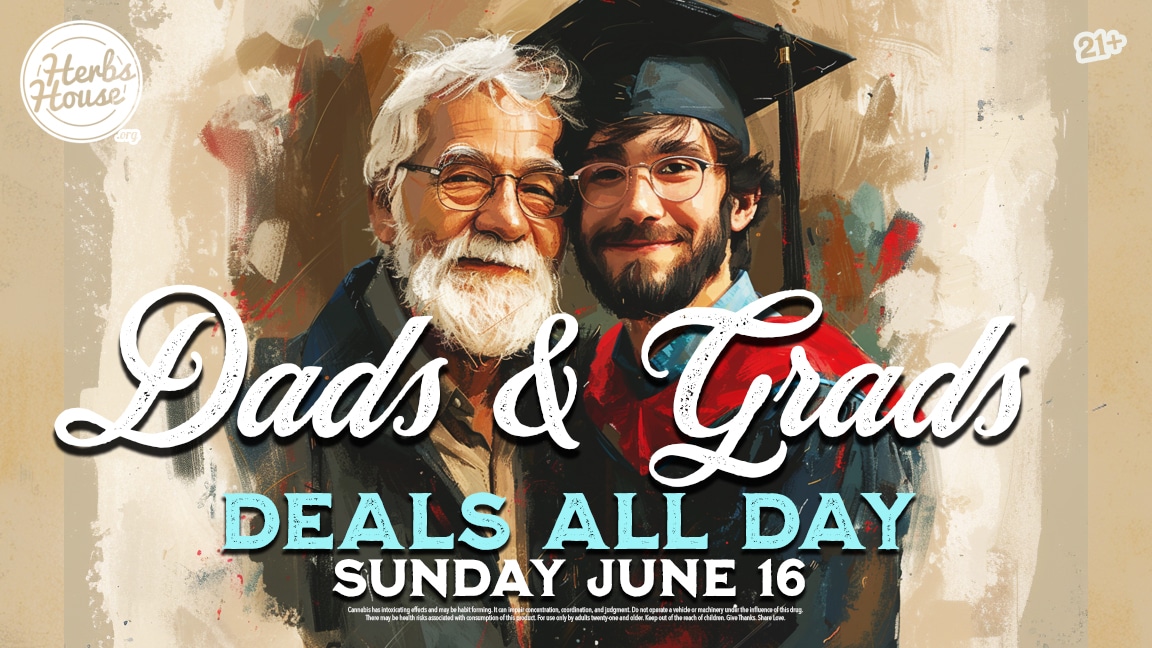 Dads & Grads event at Herbs House 6/16 Painterly illustration of Father and Graduate Son embracing