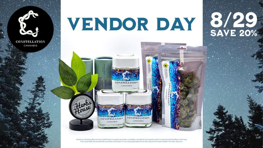 Constellation Cannabis products displayed at Herbs House with a 20% discount sign