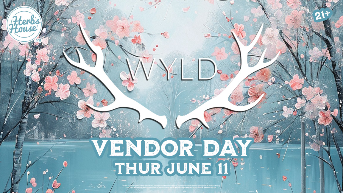 Pink Cherry Blossoms over serene blue pond, Advert for WYLD Vendor Day at Herbs House in Ballard